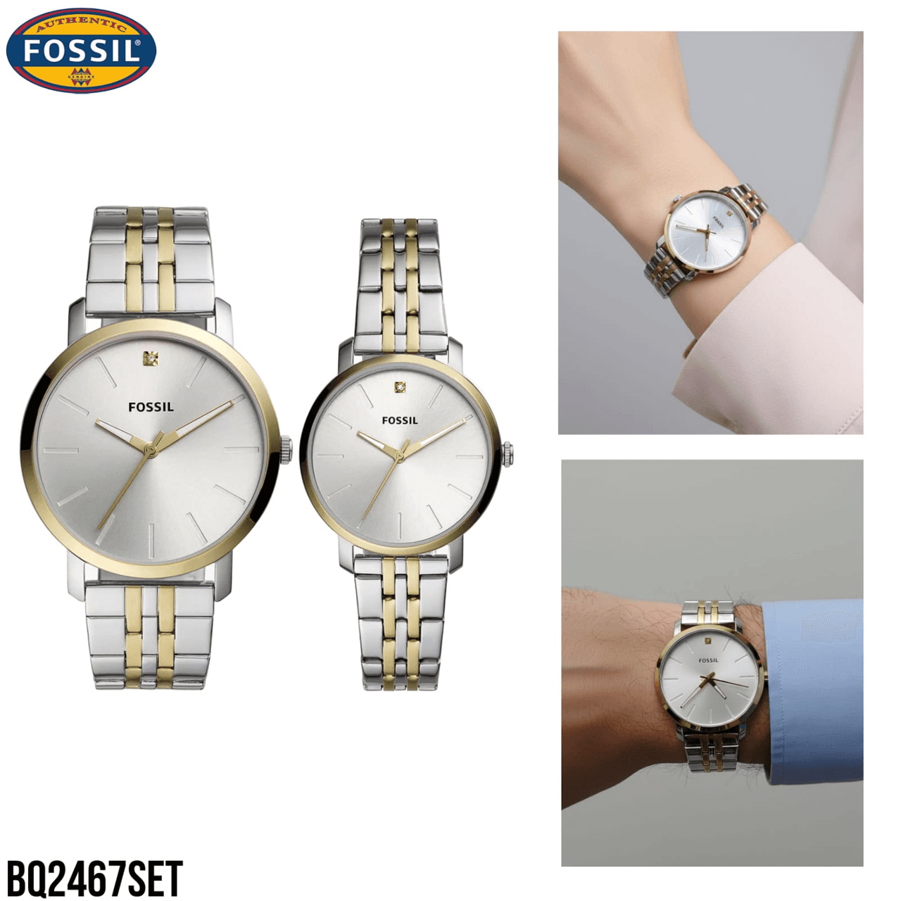 Dúo de Relojes metálicos His & Her Dorado con Plateado FOSSIL
