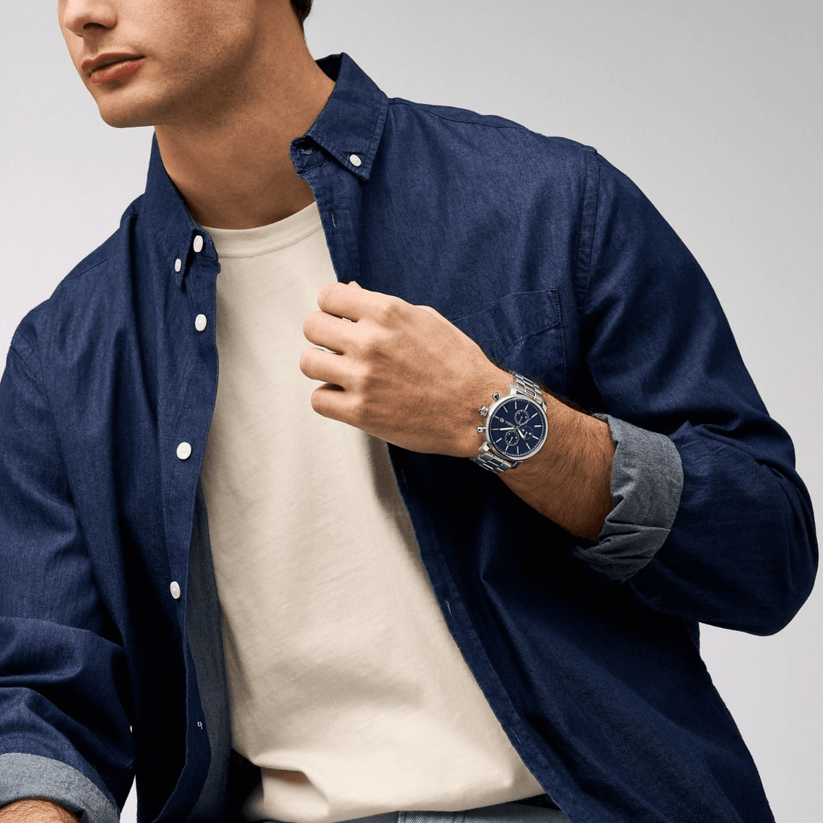 Reloj Doble Correa multifunción de acero inoxidable y de cuero FOSSIL